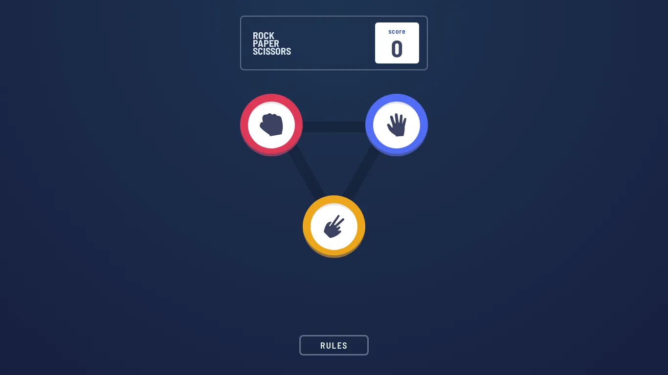 Zrzut ekranu aplikacji Rock Paper Scissors. Sekcja tytułowa zawiera tekst "Rock Paper Scissors" i rzeczywistą partyturę. Istnieją również trzy przyciski z ikonami kamienia, papieru i nożyczek oraz przycisk pokazujący zasady gry.